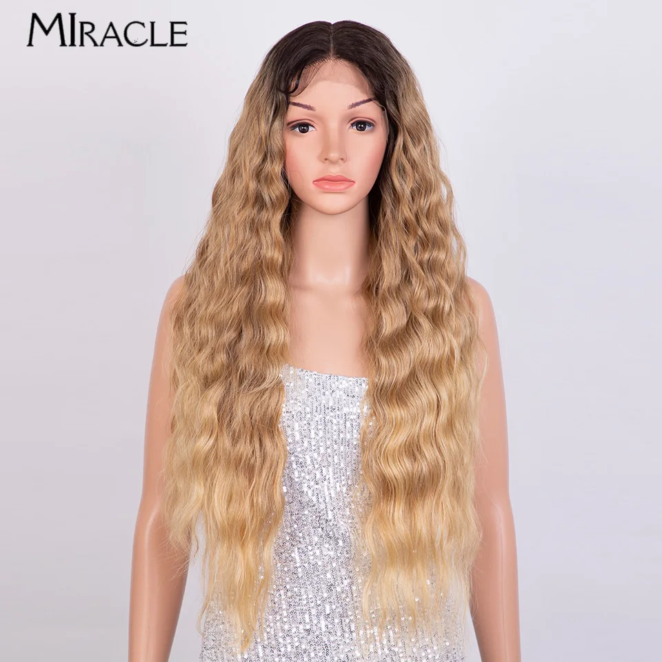 

MIRACLE 30Inch Synthetic Lace Front Wigs for Women Ombre Blonde Water Wave Curly Lace Wig Heat Resistant Cosplay Wig Fake Hair