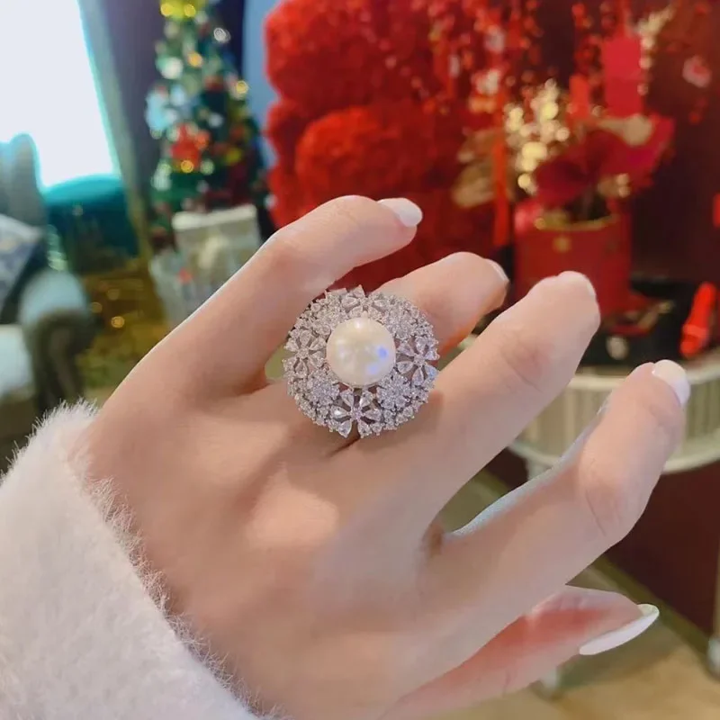 Super duży pierścionek z perłami Lady 925 Sterling Silver Jewelry Retro Party Open Ring Flower Round AAA Zircon Jewelry Gift Wholesale — zdjęcie 2
