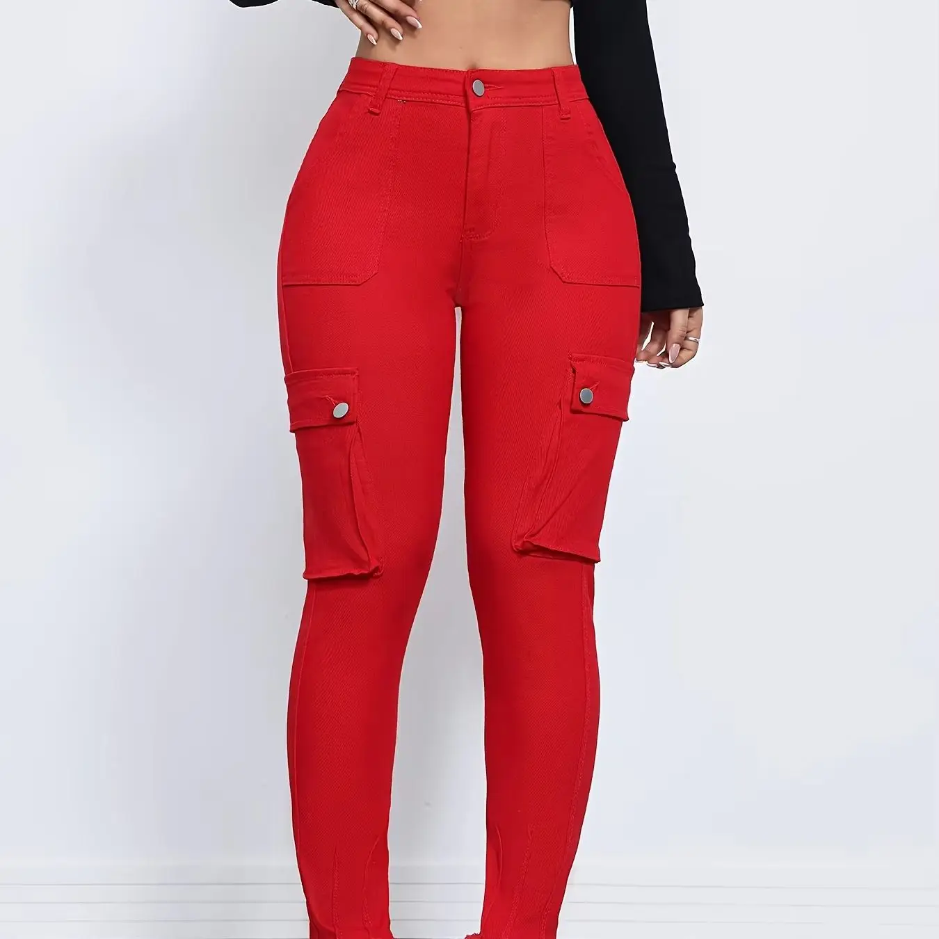 

Women's Red Stretch Denim Overalls Mid-rise Slim Fit Multiple Pockets Solid Color Washed Design Side Pockets Four-season Street