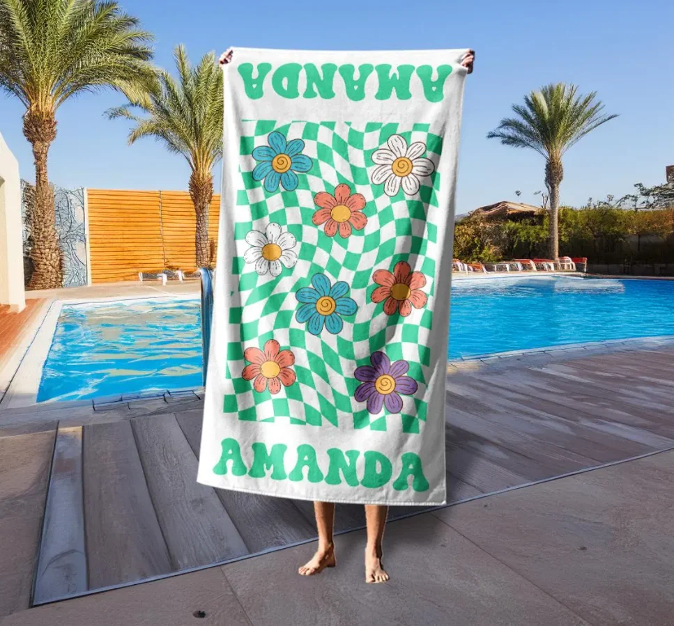 Custom Grid Flowers Beach Towel With Name, Retro Multi Style Personalized Pool Towel, Oversized Monogram Bath Towels, Birthday