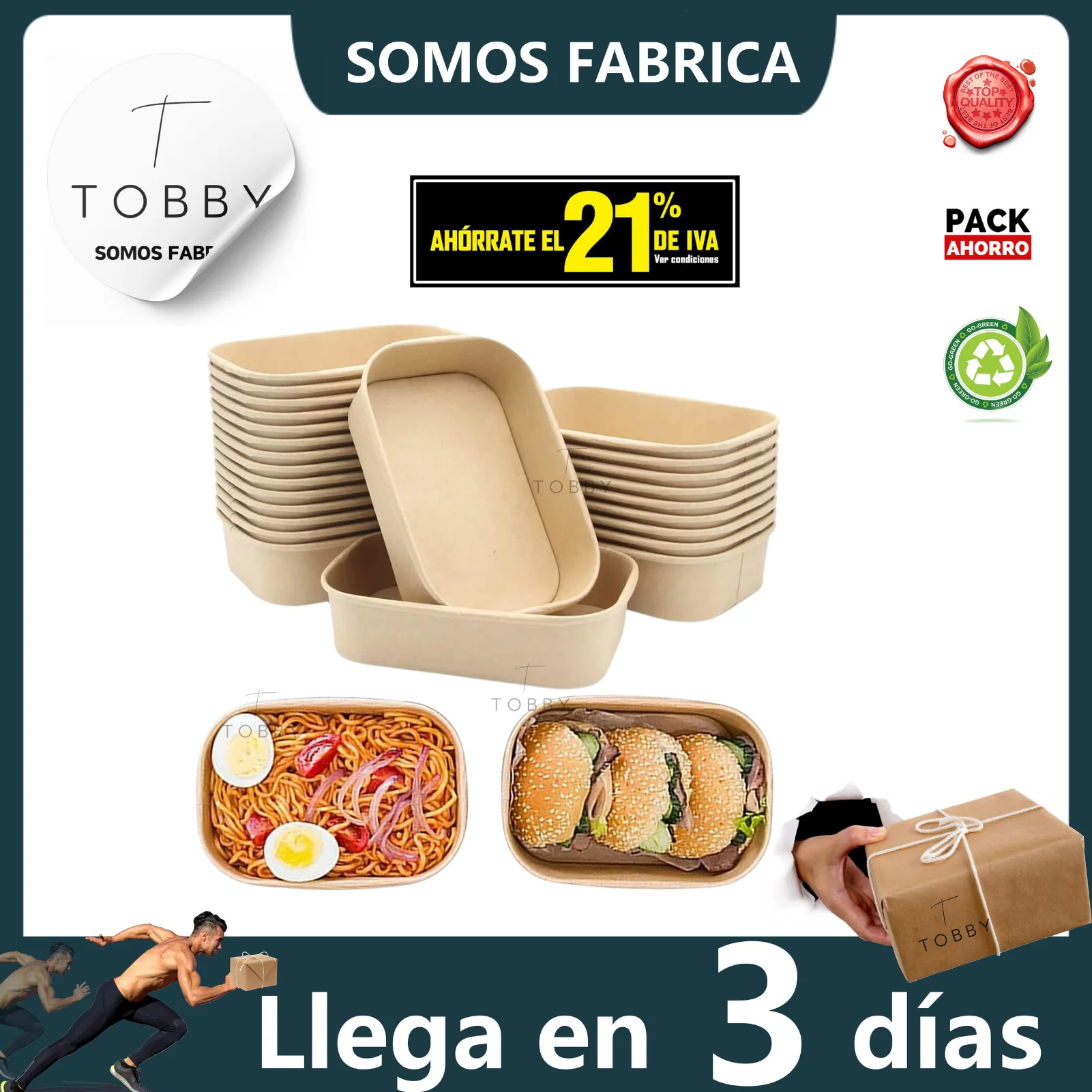 Envases Rectangulares de Comida para Llevar TOBBY | Tuppers Desechables Kraft con Tapa | Cajas Ecológicas Ensalada Delivery | Pack 50 Uds