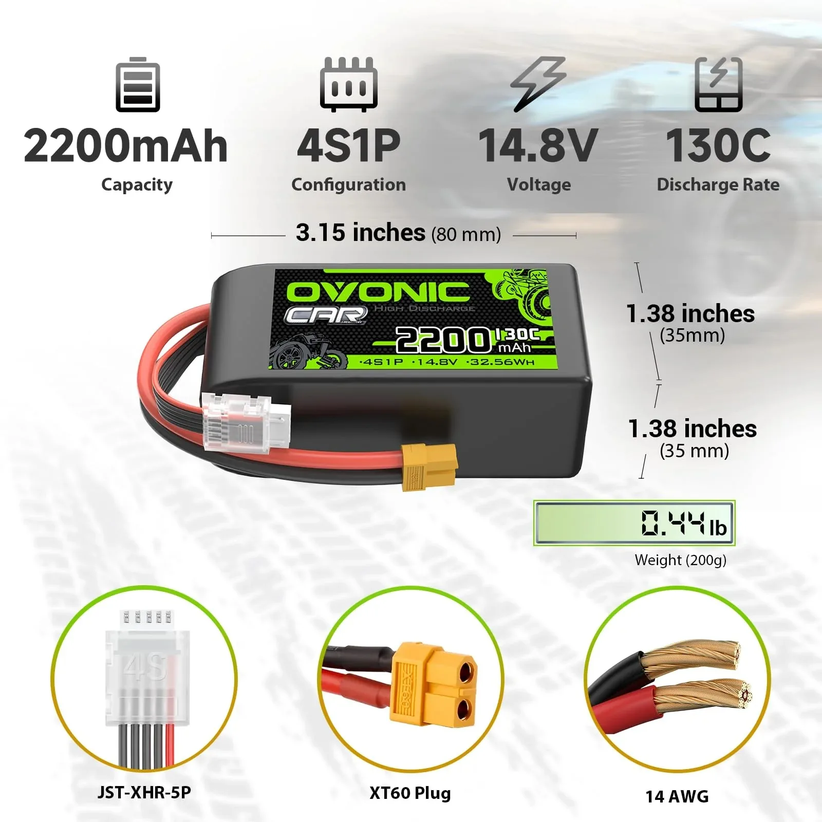 Ovonic 4S Short LiPo Battery 14.8V 2200mAh 130C, XT60 Plug RC Battery for RC Car, Airplane & FPV Drone, 2-Pack