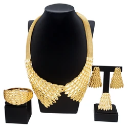 Woman Jewelry Set Gold Plated Necklace Earrings Pendant Feather Shape Bright Bracelet Ring Gift Free Shipping