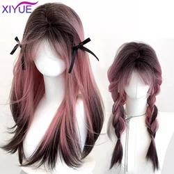 XIYUE Long Ombre Pink Layered Synthetic Wig Straight Raspberry Latte Wigs with Bangs for Women Cosplay Natural Heat Resistant