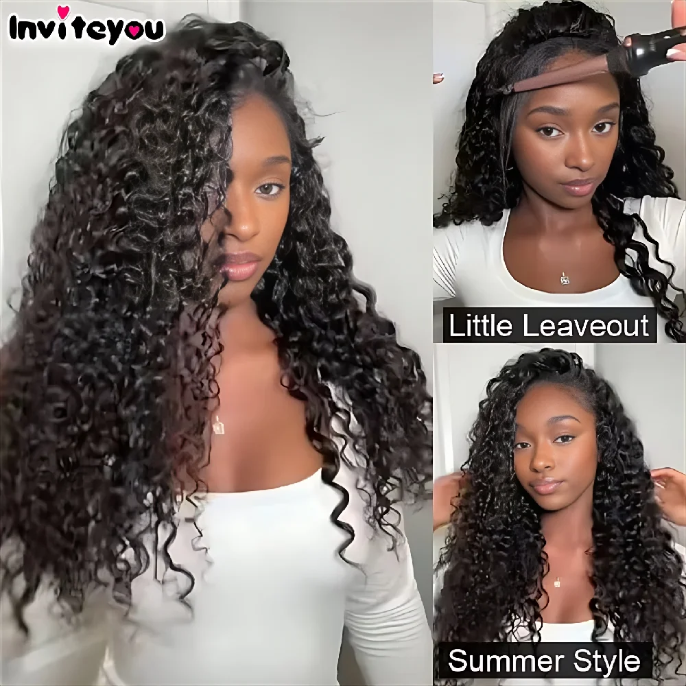3 In1 Half Wigs Upgrade Adjustable Drawstring Hd Lace Water Kinky Curly Deep Human Hair Wig Seamless Clip Ins Flip Over No Glue