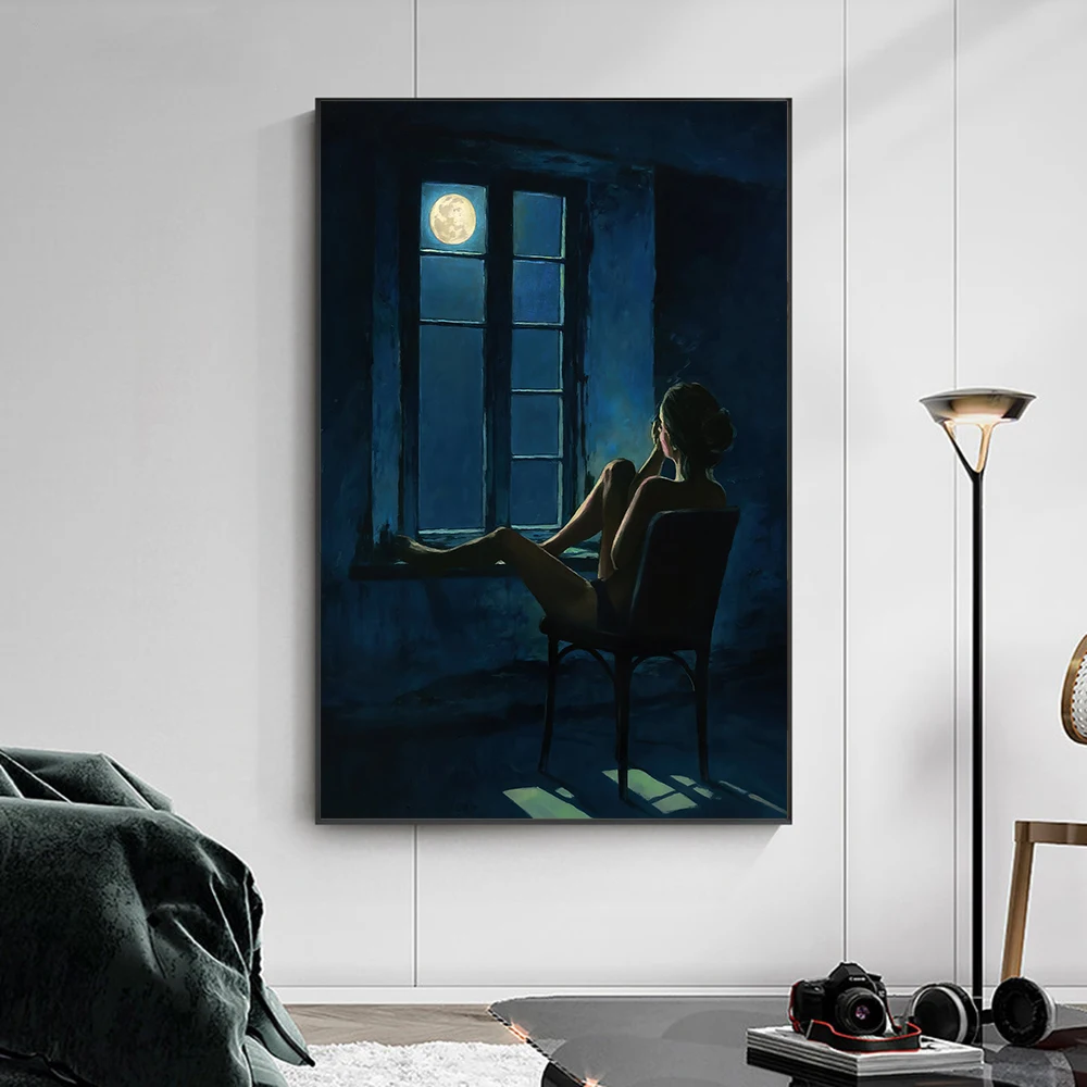 

Modern Sexy Girl Painting Canvas Print Wall Art Poster Window with Moon Blue Night Picture for Gift Bedroom Home Decor Cuadros