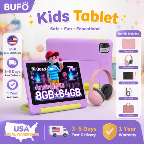 KT1018L Kids Tablet Bundle Complete Gift Set 7 Inch Small Portable Children Tablet Quad Core 8GB(2+6) RAM 64GB ROM Android13 2500mAh Battery Parental Control Lavender Blue Toddler Learning Tablet With Headphone & Storage Bag