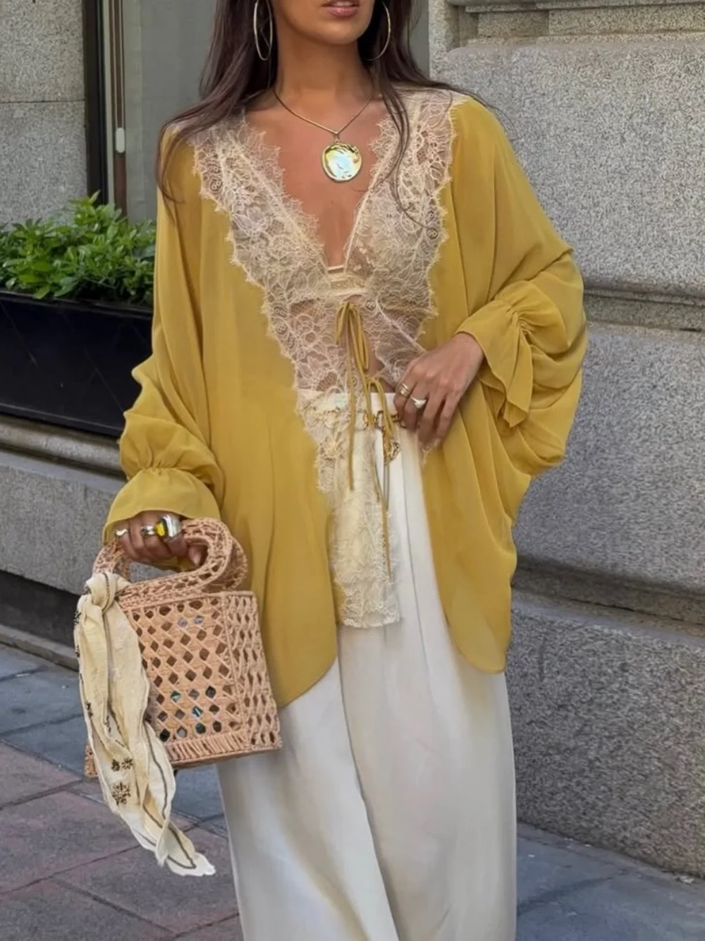 

Summer Women Chiffon Cardigan Lace Trim V Neck Tie Up Loose Flare Sleeve Blouse Sexy Thin Sunscreen Shirts Blusas