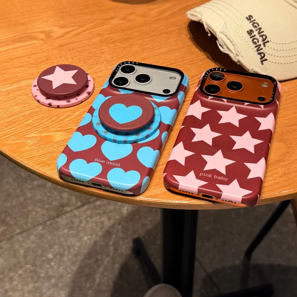 

Blue and pink five-pointed star love with magnetic holder mobile case, suitable for iPhone 14/15/16/17 ProMax, protective case