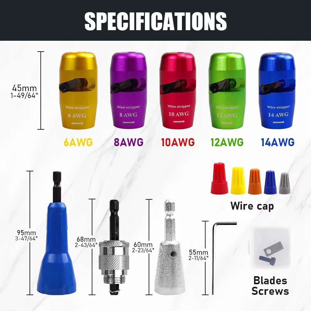 Electricians Drill Wire Stripper Set for Drill Cable Stripper with Wire Connectors Nuts Twister blade for AWG 14-12-10-8-6 Wires