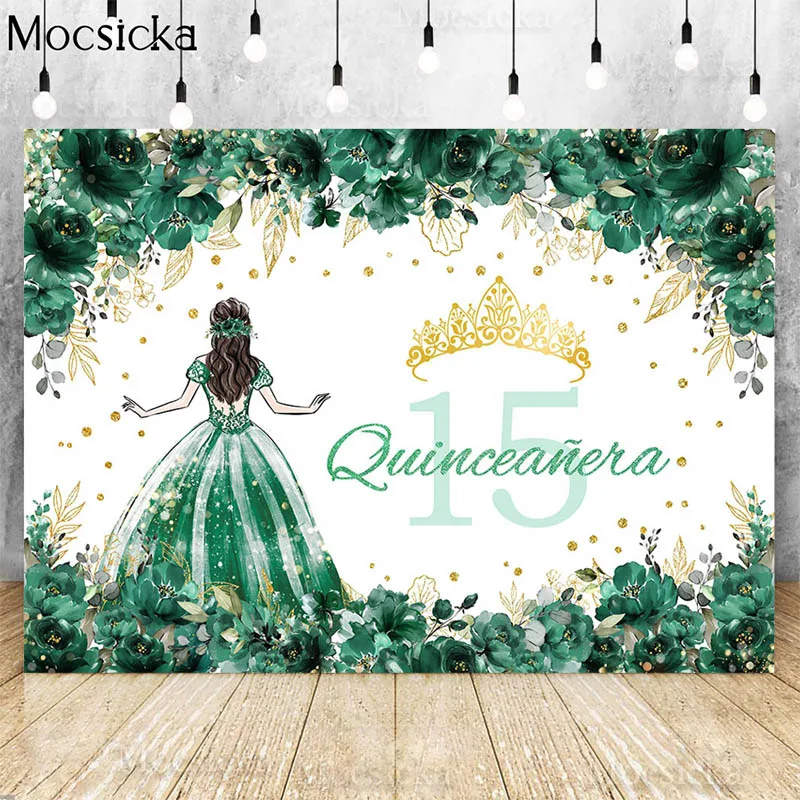Quinceanera 15th Princess Birthday Backdrops For Photography Sweet Girl Green Dress Flowers Crown Party Decor Banner Background