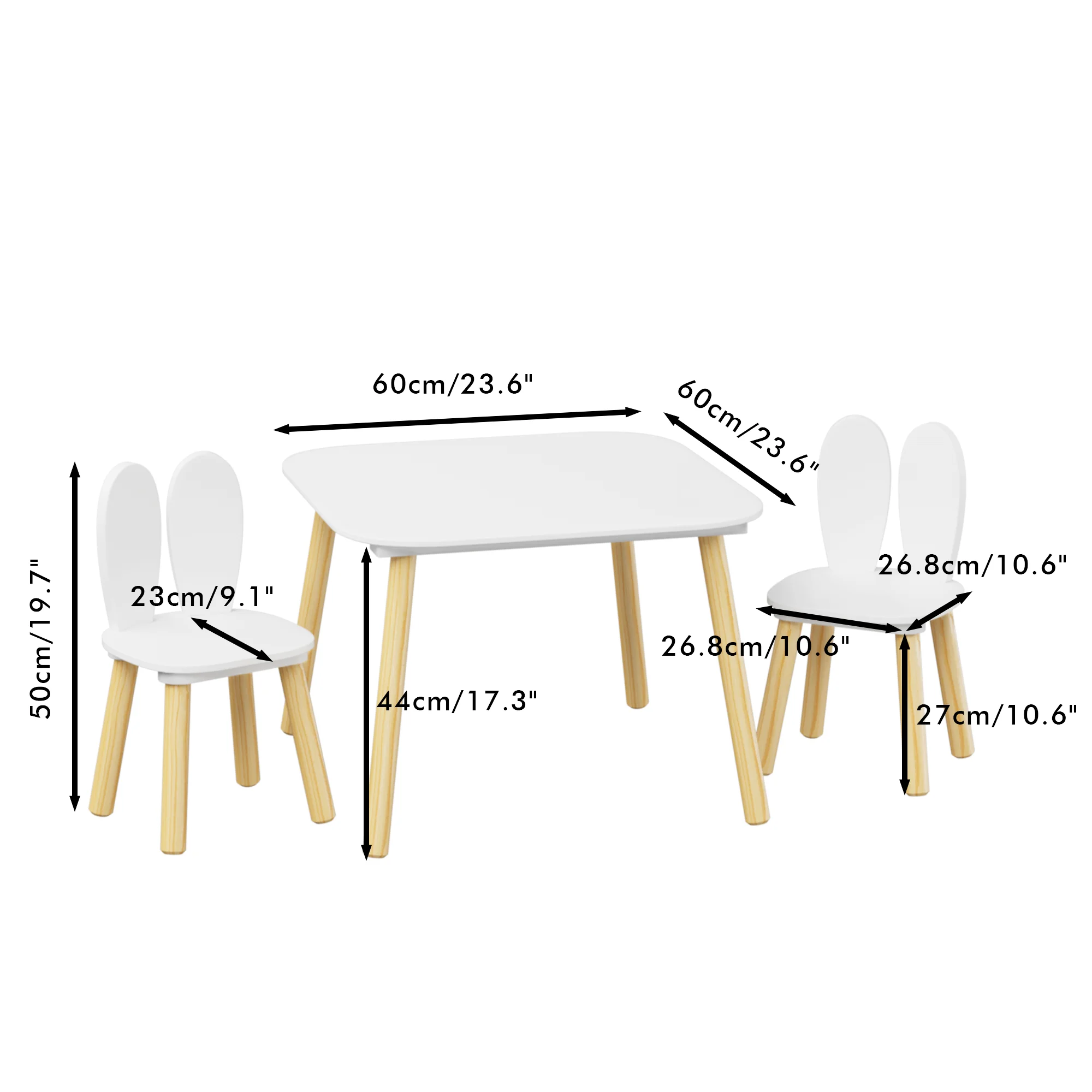 Kids Table and 2 Chairs Set 3-Piece Rabbit Ear Toddler Activity Table Set Wooden Children’s Play Table and Chair Set with Solid Pine Legs, Rounded Corners for Playroom, Bedroom and Classroom, White