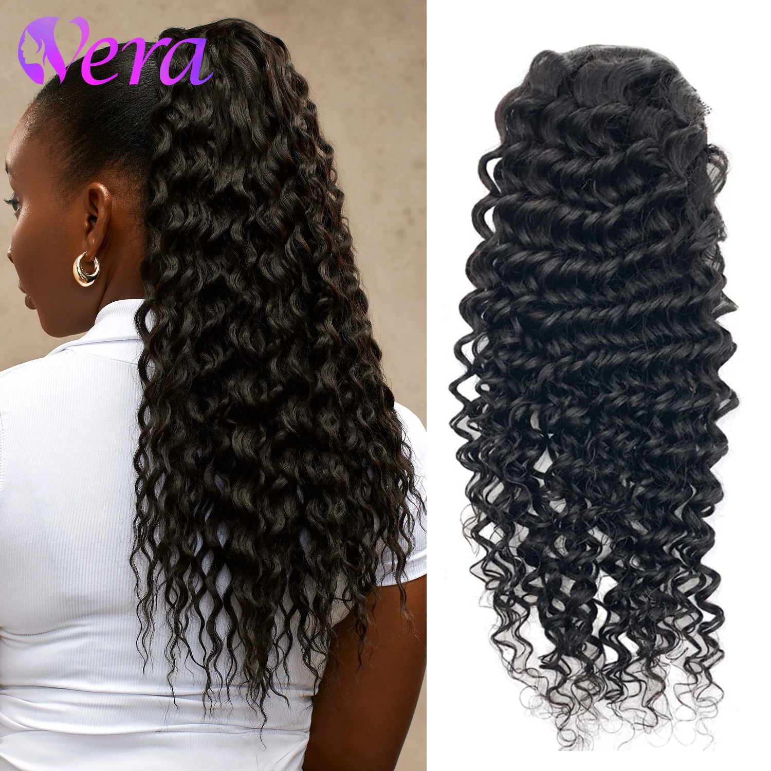 مجعد الرباط ذيل حصان الشعر البشري ذيل حصان مشبك لينة في وصلات الشعر ذيل حصان شعر الإنسان 100 جرام/قطعة ذيل حصان موجة عميقة #1