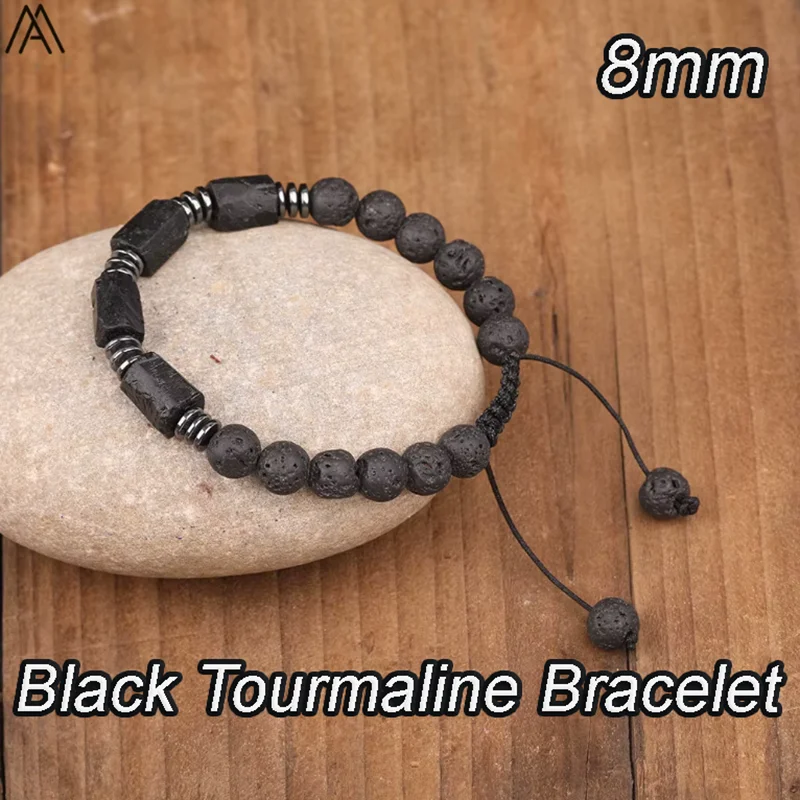 

Женские бусины из натурального черного турмалина, 8 мм, черные бусины из лавы, регулируемый браслет ручной работы с узелком, N0379AMG