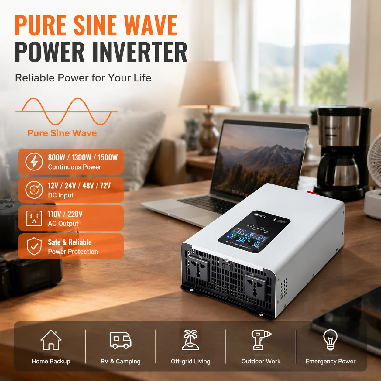 Pure Sine Wave Inverter 1600W/2600W/3000W DC12V/24V to AC110V/220V LCD Display Power Converter for RV Caravan Camping Emergency