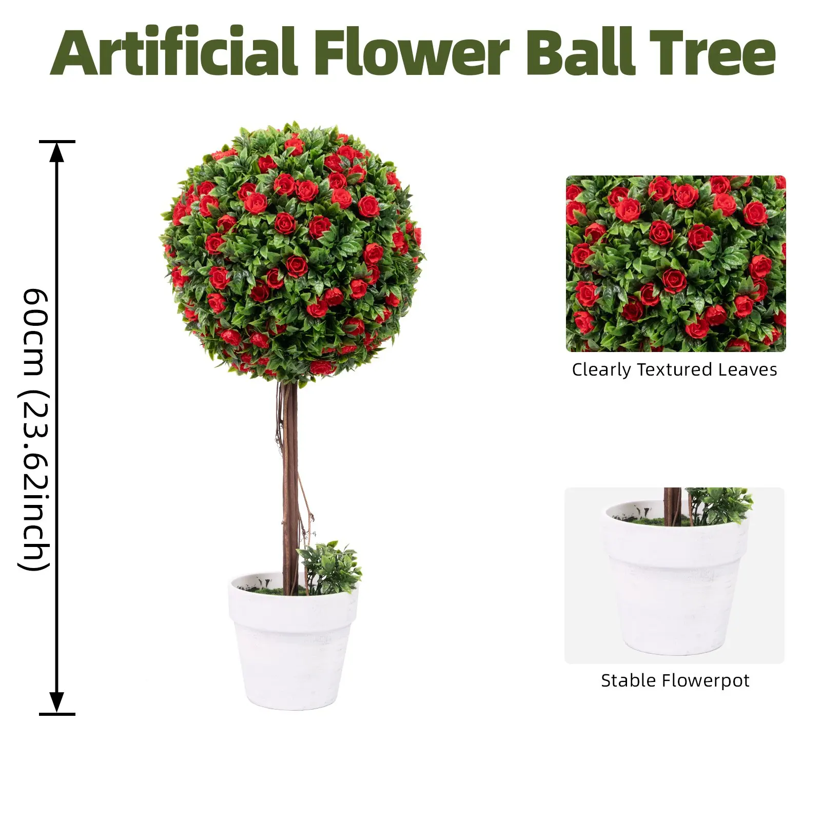 Kunstbloemenbal Topiary Boom - Realistische Gepotte Rozenplant met Getextureerde Bladeren & Stevige Pot. 60 cm hoge kunstbloemendecoratie voor woonkamer, balkon, kantoor en entree. Ideaal voor binnen-