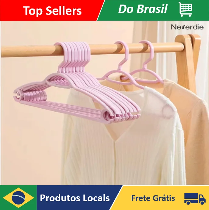 10 Cabides Antiderrapante Reforçado Design Sem Marcas Ombros Largos Curvados Ganchos LateraisMultiuso - Neverdie Store
