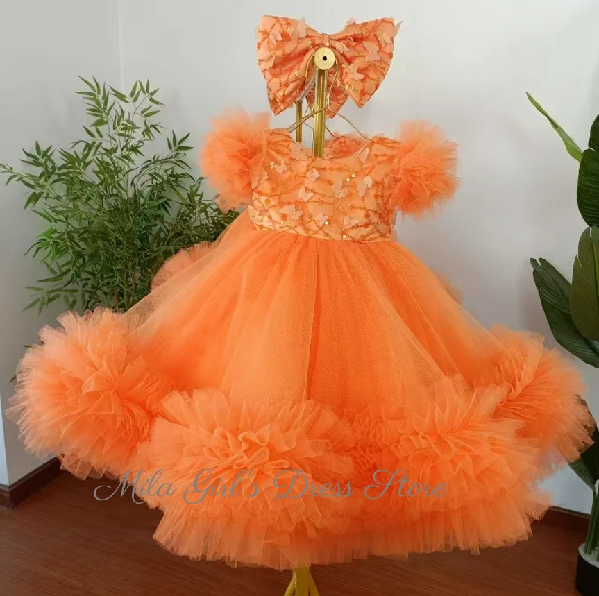 Customized Orange Flower Girl Dresses Sequin Appliques With Bow Short Sleeve For Wedding Birthday Prom Holy Communion Gowns
