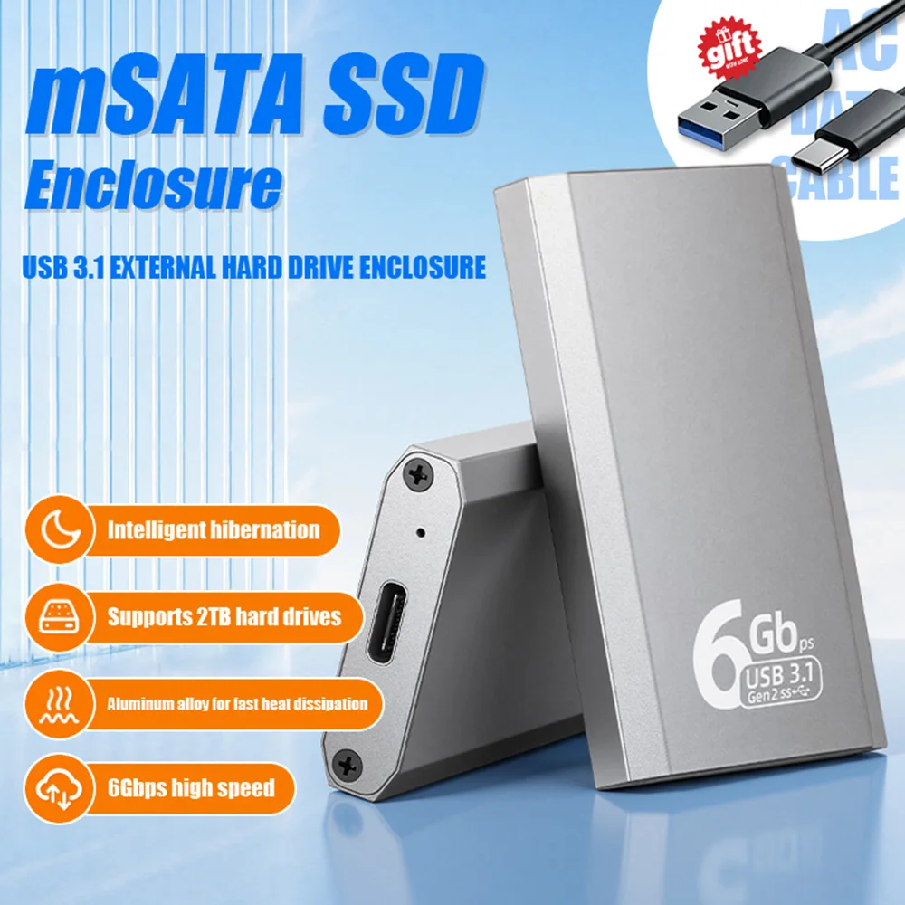 6Gbps MSATA SSD Enclosure Aluminum Alloy Heat Sink USB Type C 3.1 Port MSATA HD Hard Disk Storage Box Adapter to PC/Laptop/Phone