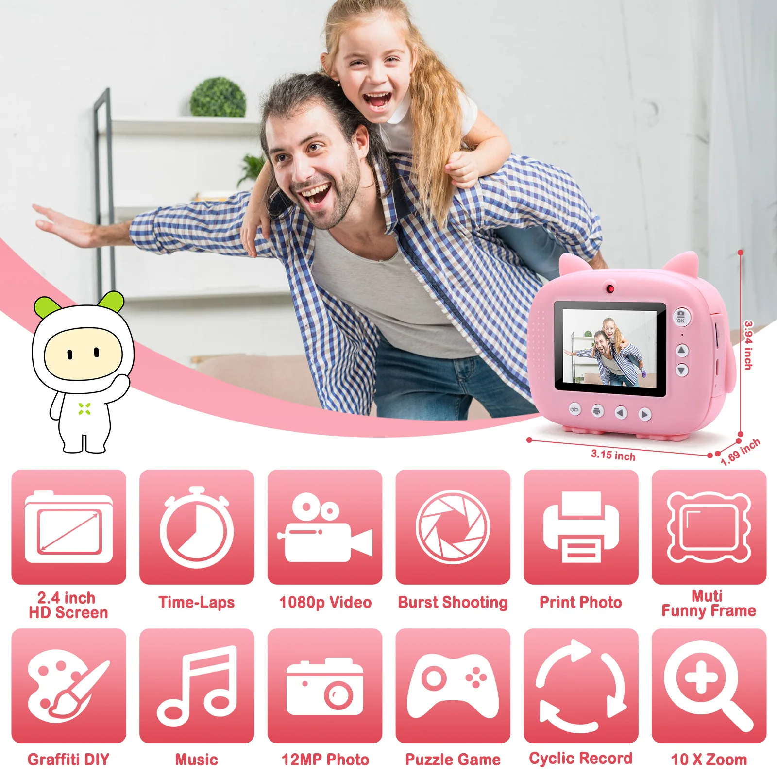 New 16X Zoom Kids Camera Instant Print 1080P HD Video Photography 1080P HD Photo Video Camera Photo Camera Game Boy Girl Gifts