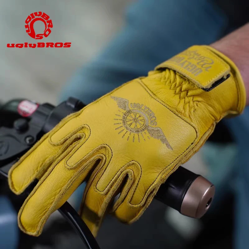 

UGLYBROS Retro Motorcycle Gloves Men Women Genuine Leather Racing Gloves Touchscreen for Motorbike Training Spring Summer Autumn