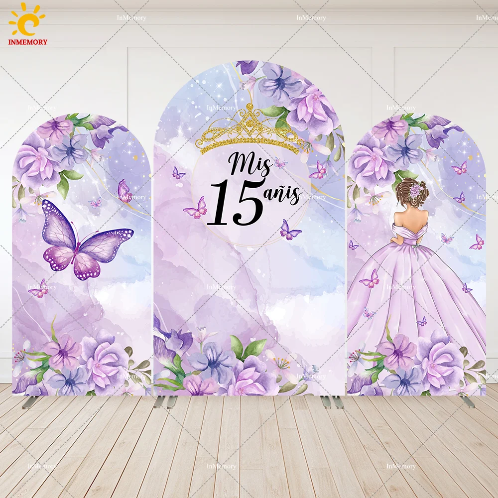 

Purple Flowers Butterfly Princess Girls Birthday Decoration Arched Backdrop Cover Quinceanera Sweet 15th 16th Background Banner