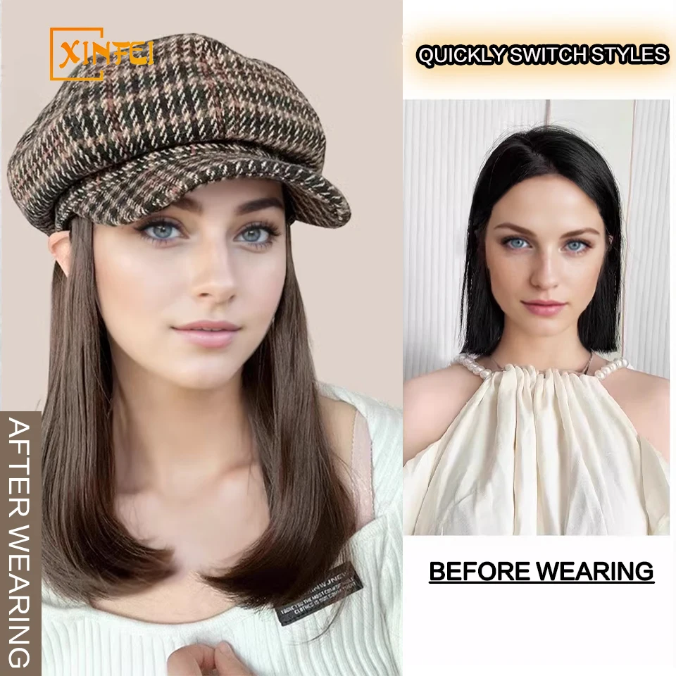 XINFEI Synthetic Hat Wig  Straight Hair  Berets wig caps for women Octagonal Hat wig Extensions Hair Accessories Wig Women