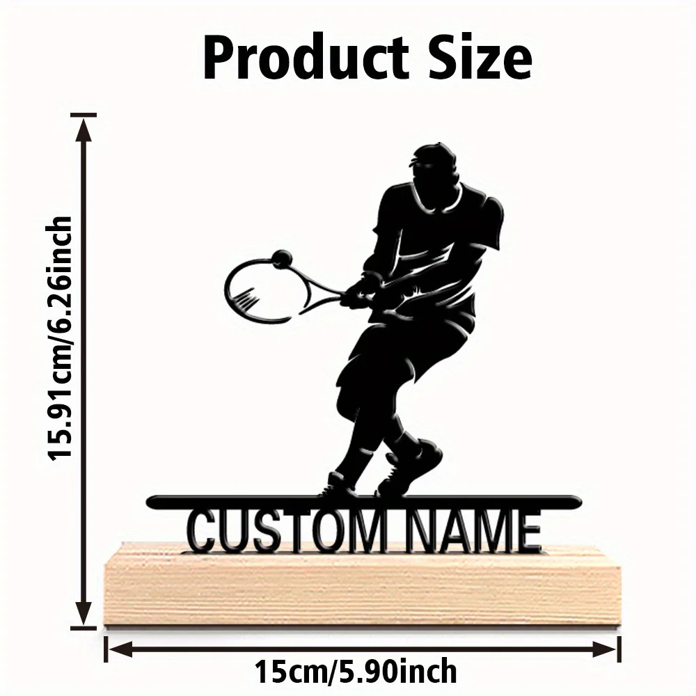 Personalized Tennis Player Metal Statue With Wooden Base, Custom Name Desktop Trophy Gift For Tennis Lovers Birthday Home Decor view 2