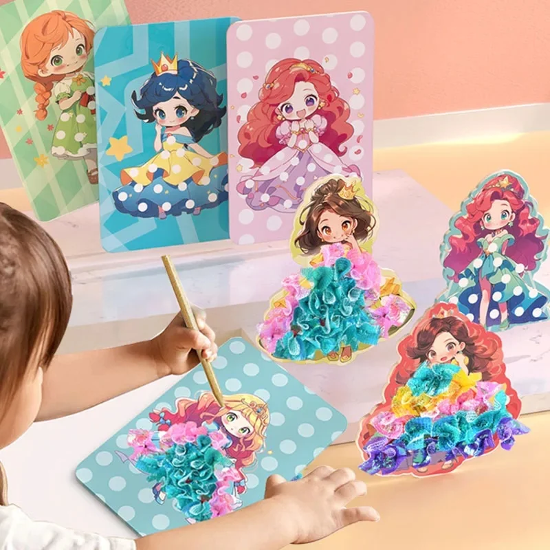 Planches à habiller en tissu pour filles et enfants, Puzzle d'art, peinture par perforation, dessin animé princesse, cartes autocollantes, jouets artisanaux, DIY bricolage