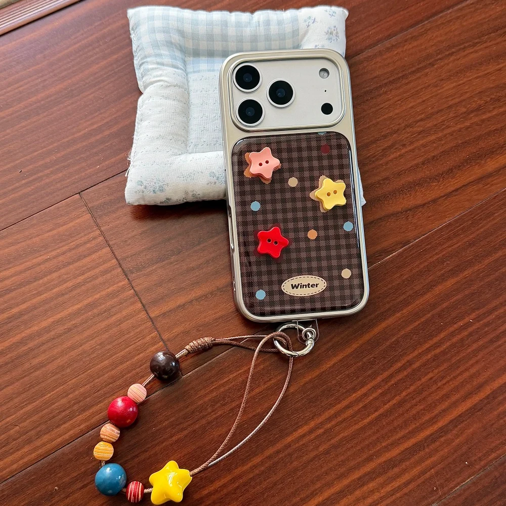 

Cute plaid polka dot 3D star phone case for iPhone 17 16 ProMax 14 15 Pro Korean INS new shockproof protective cover with chain