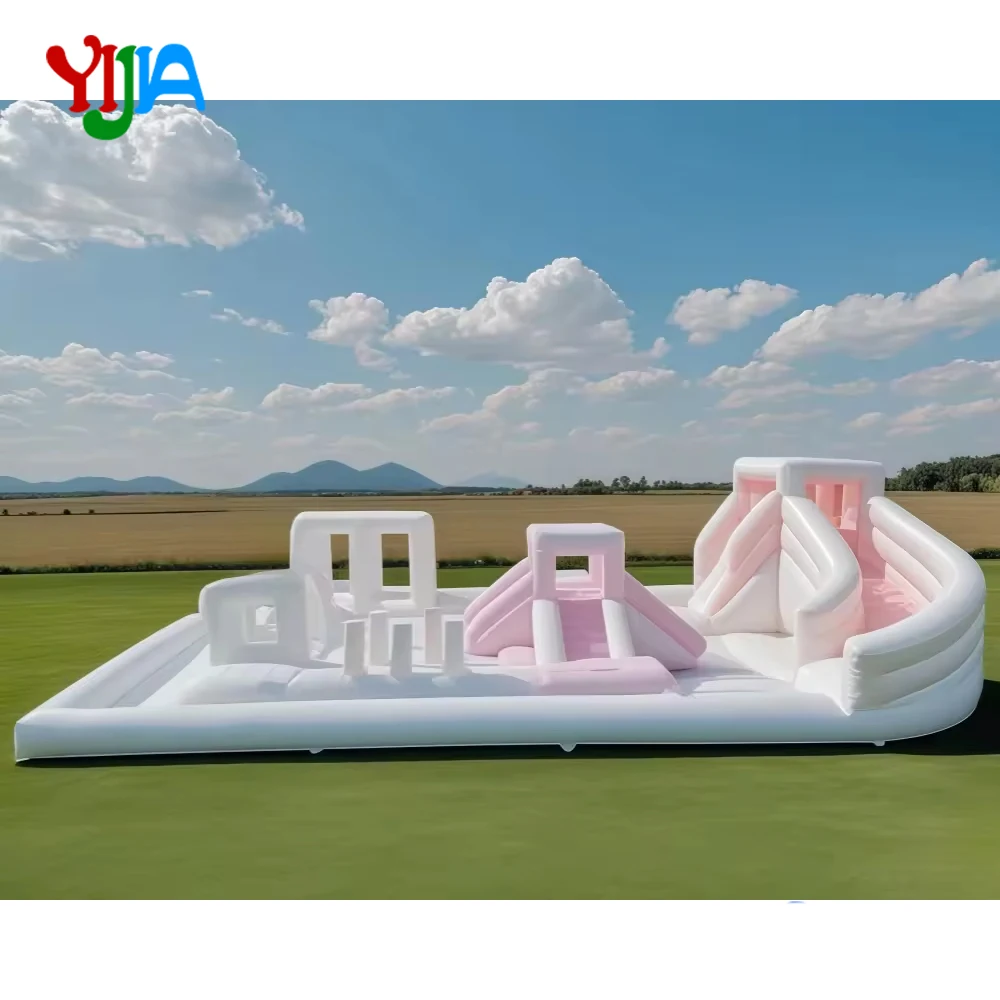 

20 футов большой белый розовый уличный надувной мягкий игровой курс препятствий Bounce House Water Pad слайд-оборудование для детей, развлечения на открытом воздухе