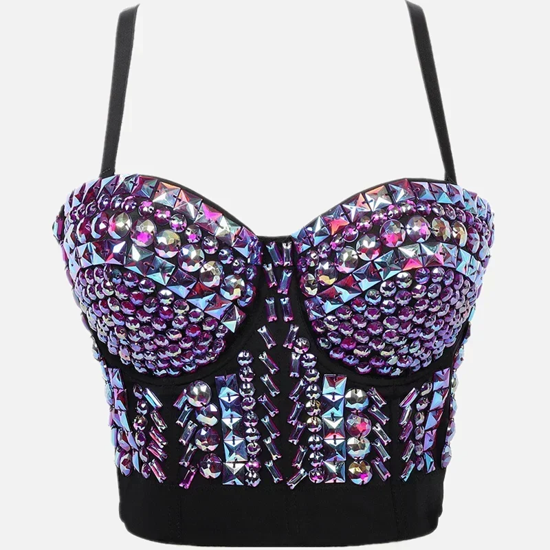 Summer Crop Top Women Sexy Rivet Diamond Corset Woman Clothing Blusas Push Up Bustier Club Bra Camis Handmade Ladies Tank Tops — zdjęcie 2