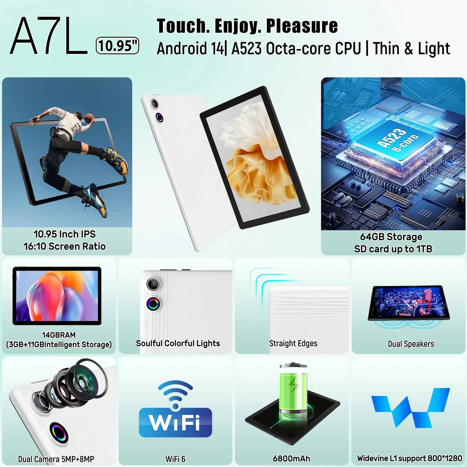 A7L 10.1-inch Android 14 Tablet 14GB RAM 64GB ROM Octa-Core Processor HD IPS WiFi Protective Case Pen Keyboard Mice Headphone