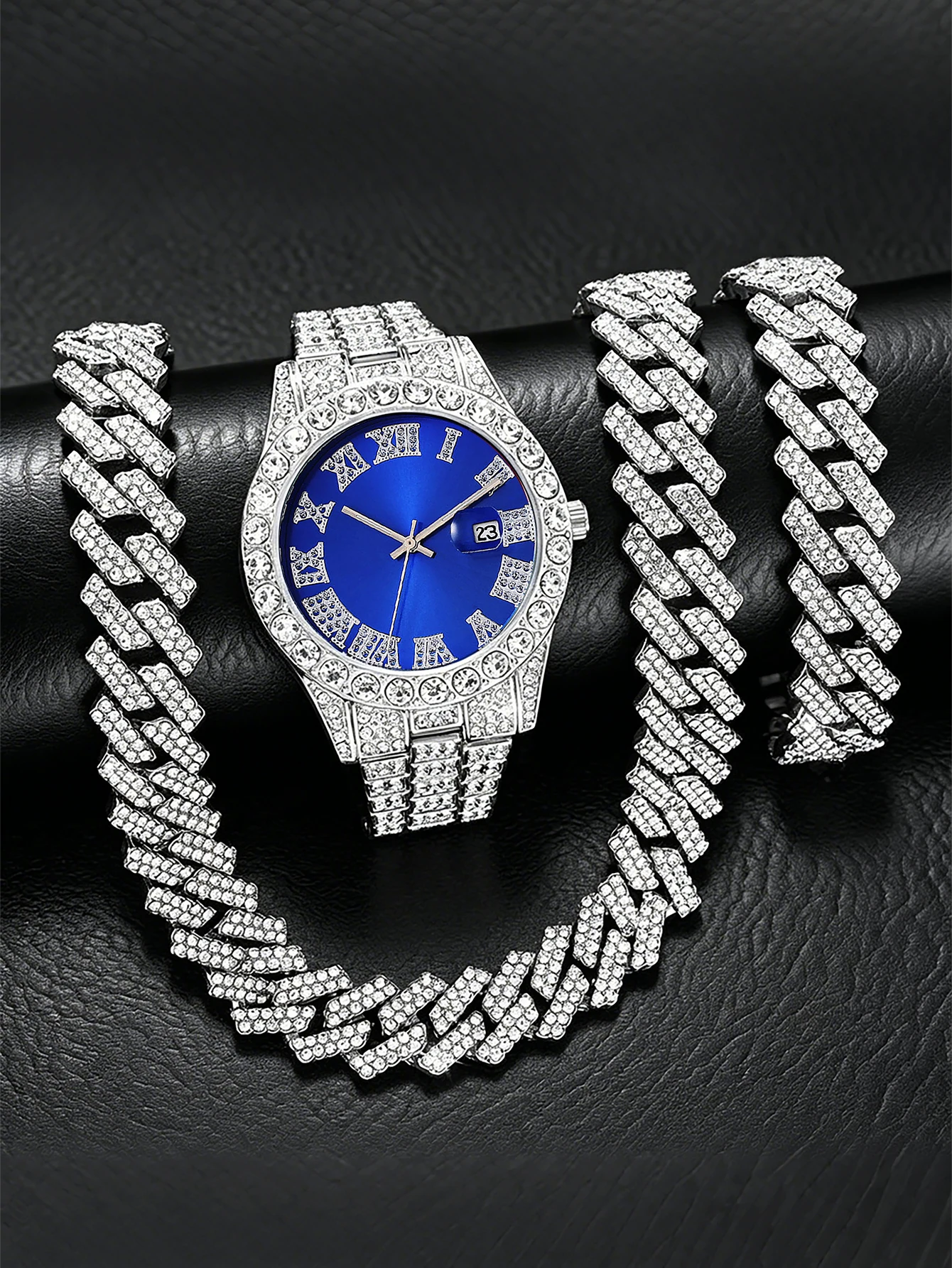 3-Piece Set, Men's Luxury Quartz Watch with Hip-Hop Cuban Bracelet and Necklace Set, Blue Dial, with Calendar, Suitable for Various Occasions, a Great Gift for Father or Boyfriend.
