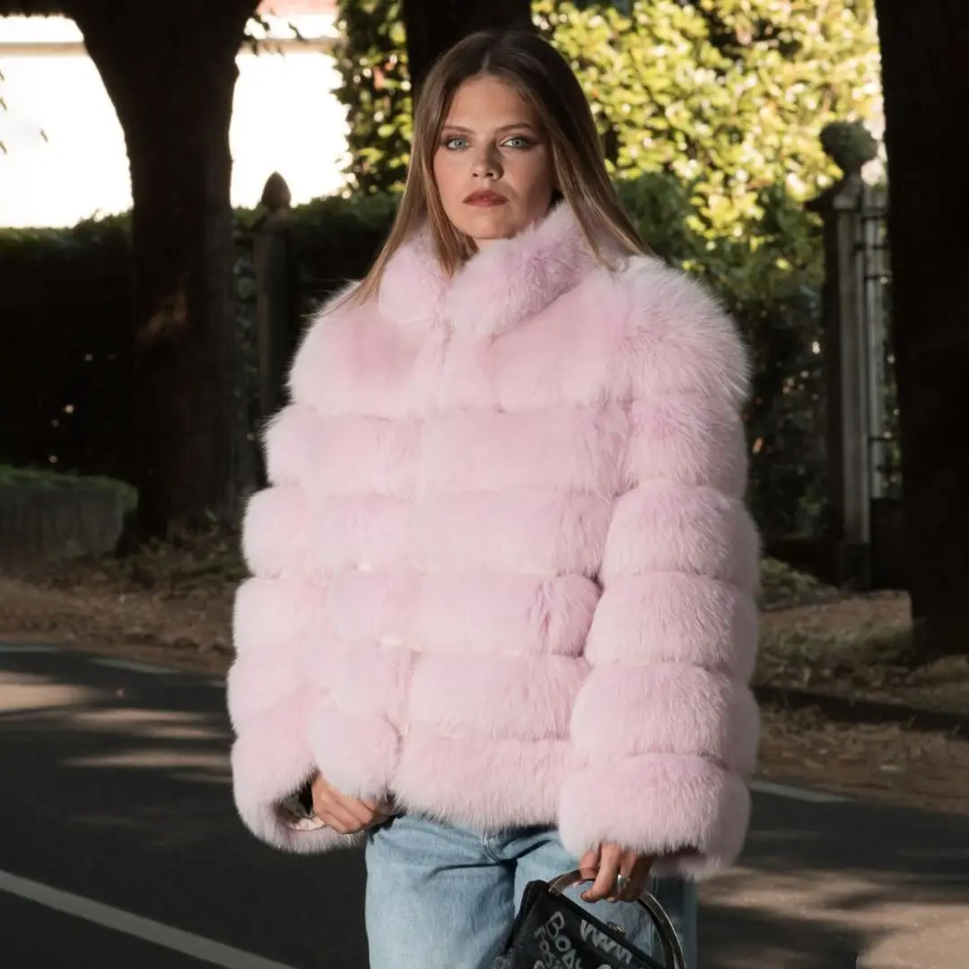 New Fashion Sky Blue Genuine Fox Fur Jacket Stand Collar Long Sleeve Winter New Trendy Woman Natural Fox Fur Coat Outwear Luxury