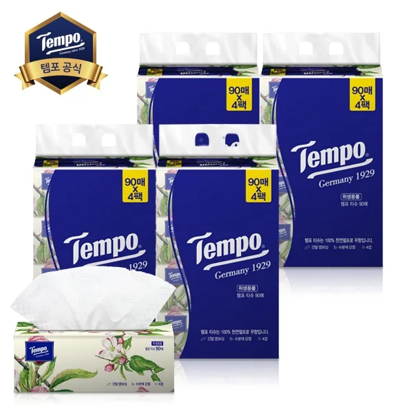 [Tempo Tissue] 4 layers of soft pack beauty tissue 90 pieces 4 packs (16 pieces) natural pulp for travel, camping, soft angular tissue