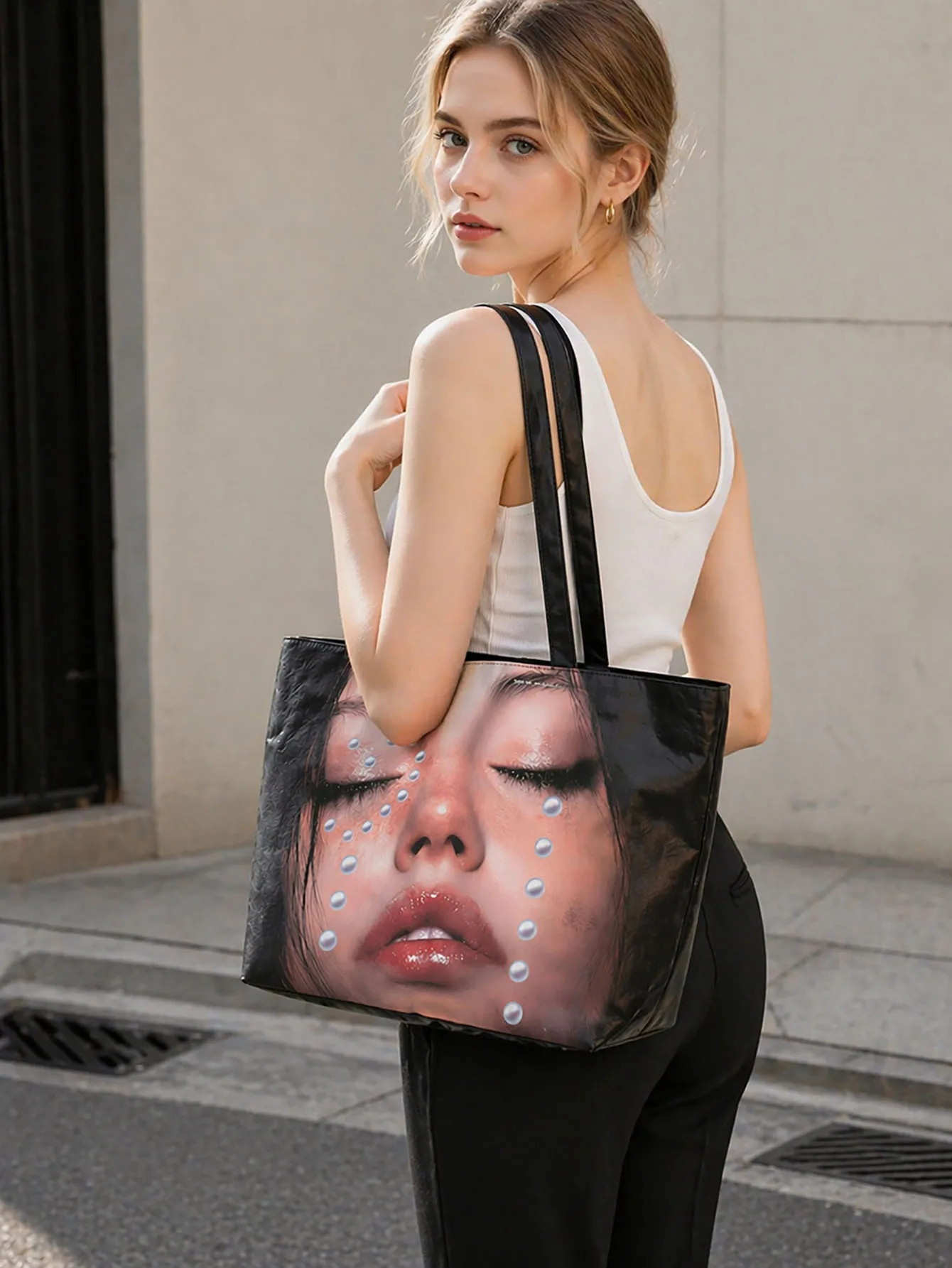 

Women's Black Shoulder Underarm Bag, Face Print Large Capacity Tote Bag, Daily Commute Shopping Handbag