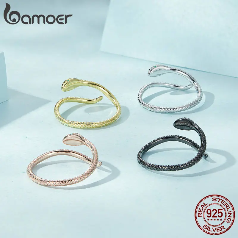 Bamoer Snake Series Adjustable Rings 925 Sterling Silver CZ Retro Textures Snake Open Finger Ring Fashion Animal Bands Jewelry