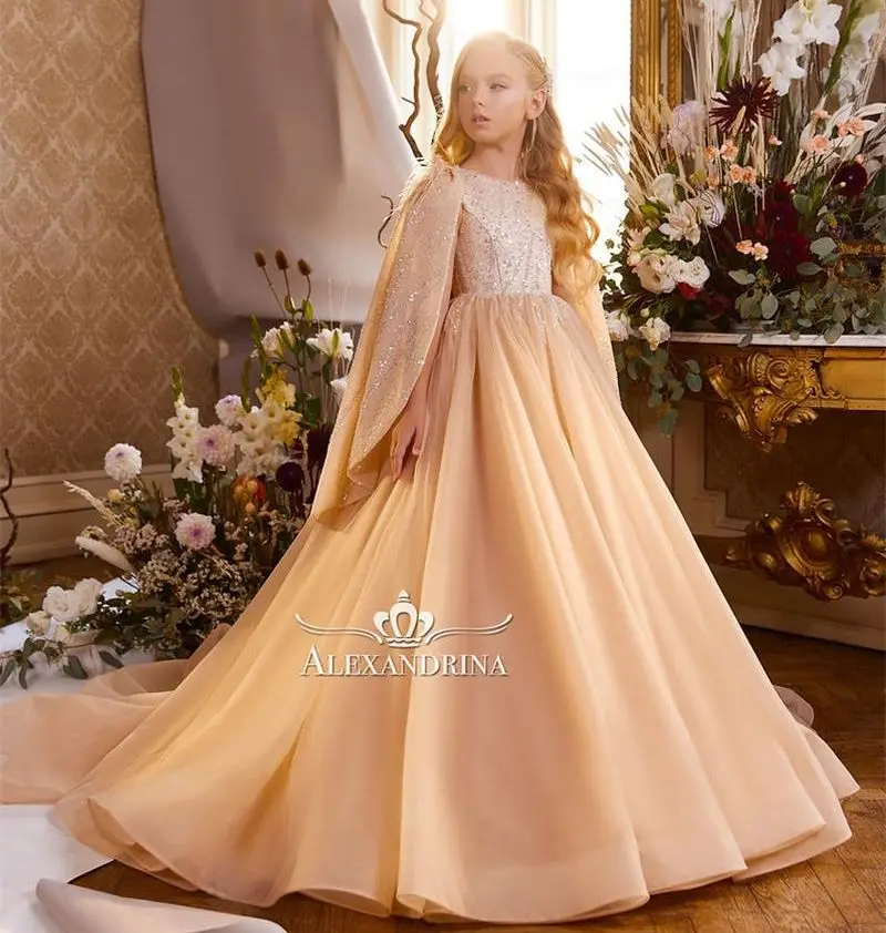 

Gold Girls Pageant Dress for Photoshoot With Cape Sleeve Sequined Birthday Dress Party Gowns Flower Girl Dress For Weddings