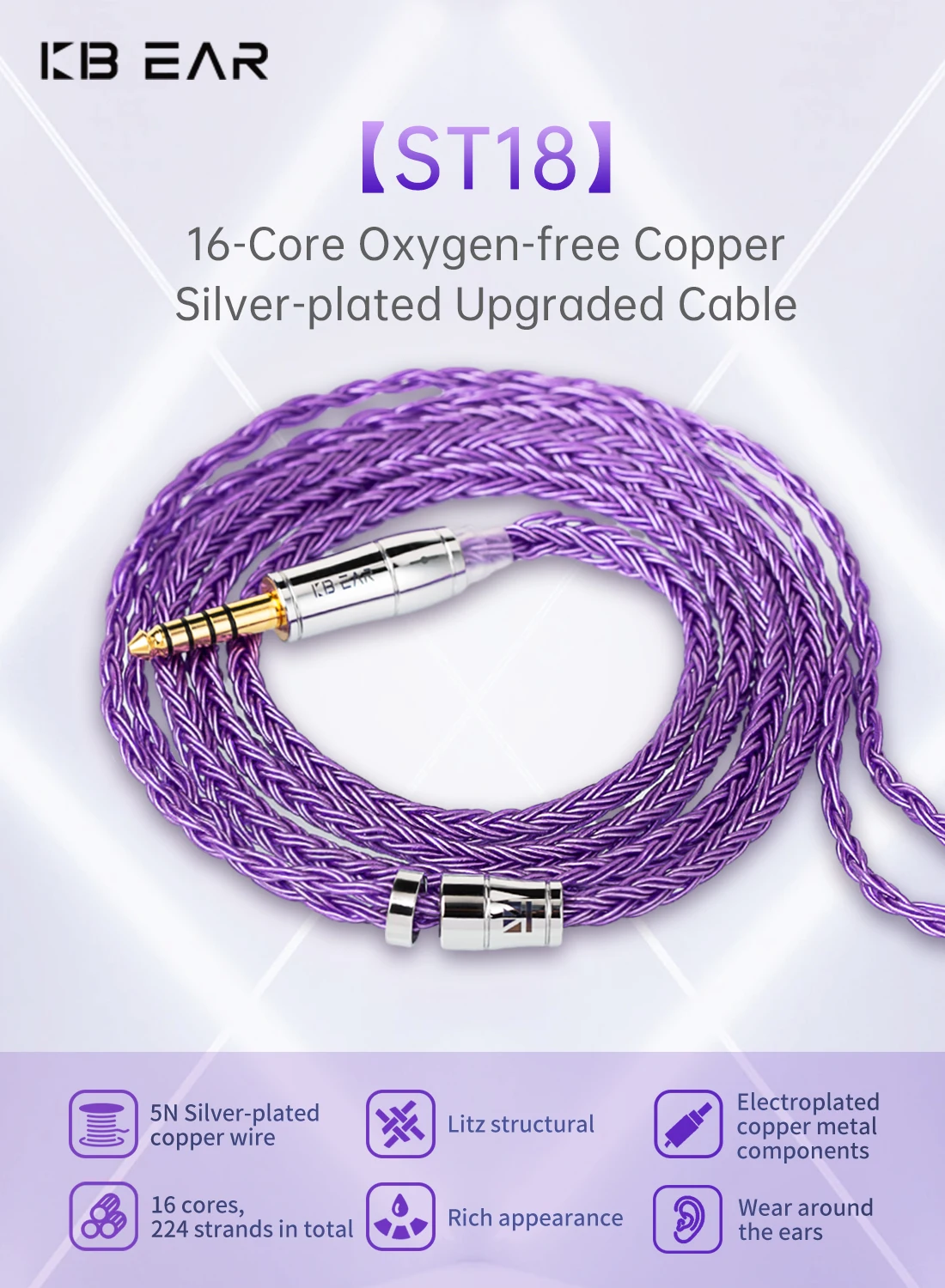 KBEAR ST18 16 Cores High Copper Silver-plated Upgrade Headphones Cable MMCX/2PIN/QDC Earbuds Connector For KZ ZS12 Pro X Taurus
