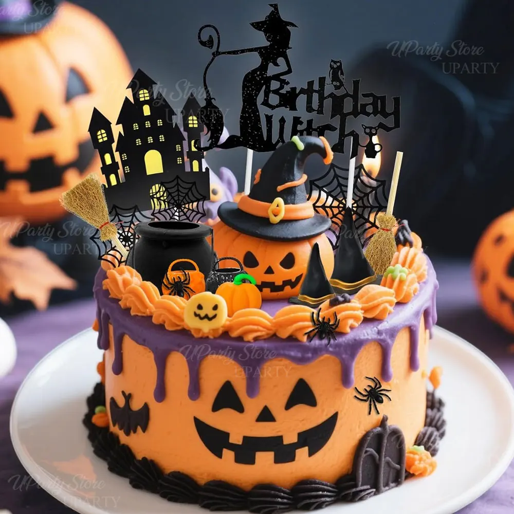 Hexengeburtstagstorte Topper Glitzer Schwarz Alles Gute zum Geburtstag Hexenkuchendekorationen für Hexengottes Geburtstag Halloween Party Dekor – Detail 5