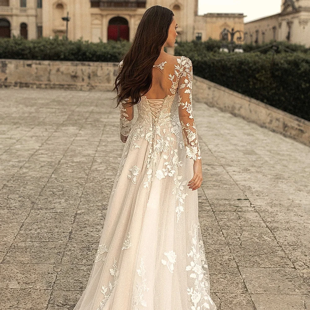 Msikoods Luxury Wedding Dress Princess Illusion Long Sleeves Lace Applique Vintage Bridal Dress 2025 Corset Bride Gown Customizd