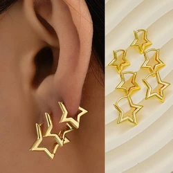 3 Pairs Glossy Copper Metal Gold Plated Hollow Star Huggie Hoop Earrings for Women Geometry Pentagram Ear Cartilage Jewelry
