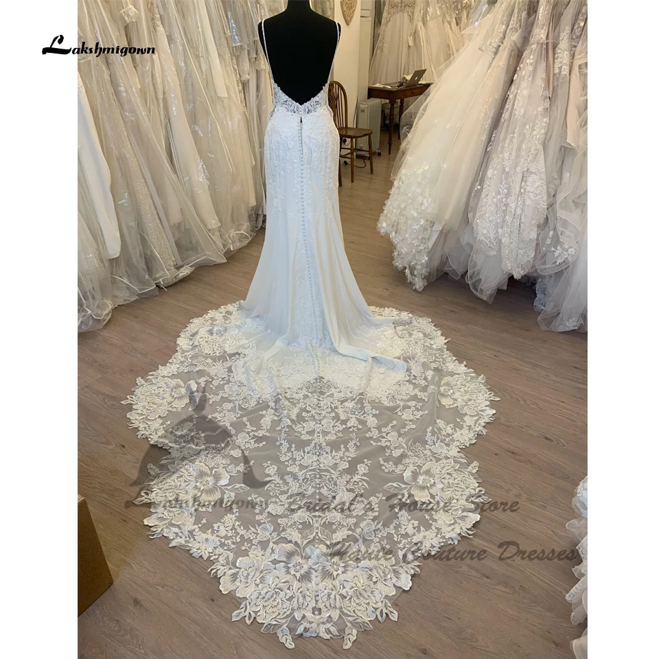 Lakshmigown Luxuriöse Spitzen-Meerjungfrauen-Hochzeitskleider 2026 Rückenfreie Sexy Kirchen-Brautkleider mit Langer Schleppe, Perlenstickerei und Spaghettiträgern – Detail 7