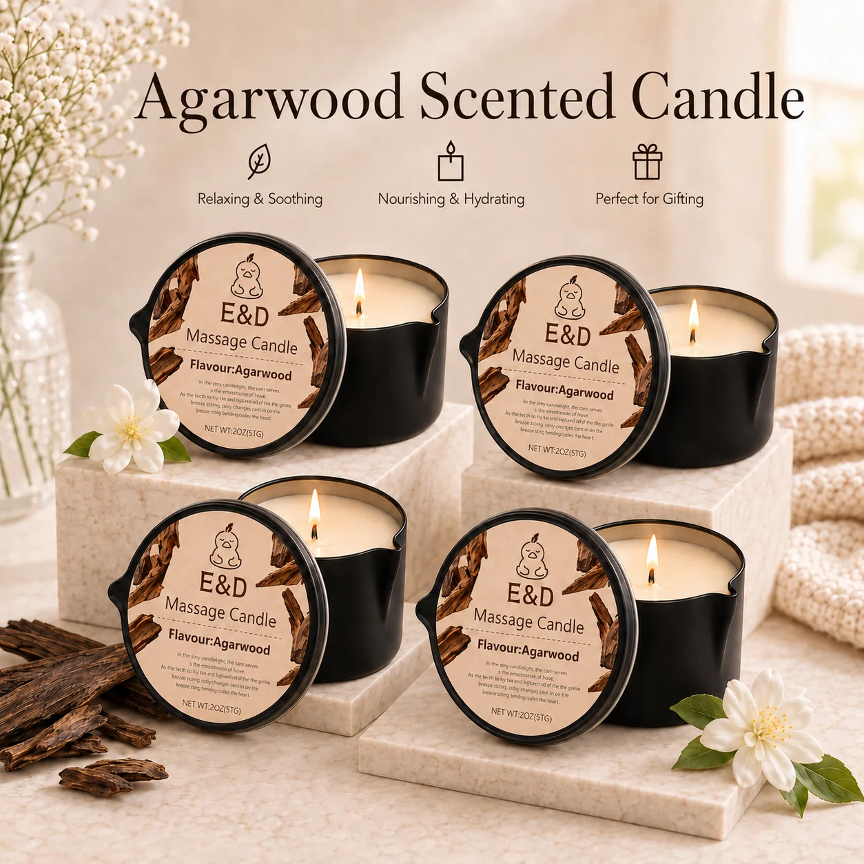 Home Fragrance Gift Set - 4-pack Agarwood geurkaarsen, 2oz massageoliekaarsenset, warme