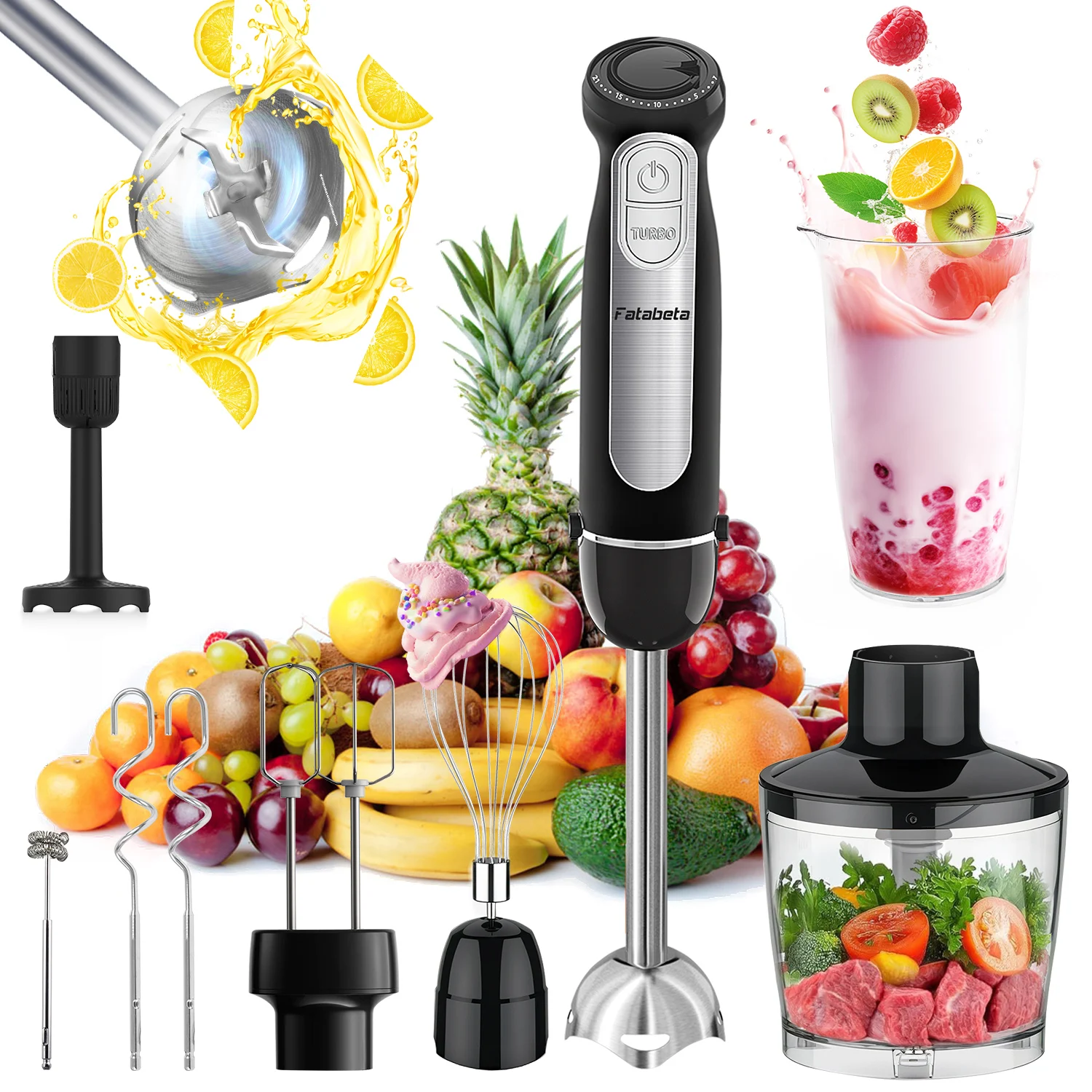 Mixeur Plongeant 9-en-1 1500W, 21 Vitesses & Turbo, Inclut Fouet, Hachoir, Mousseur à Lait et Presse-purée pour Mélanger et Piler