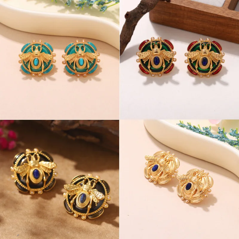 Luxury Vintage Gold Color Bee Stud Earrings for Women Fashion Green Enamel Round Drop Earring Jewelry Gift Daily Holiday