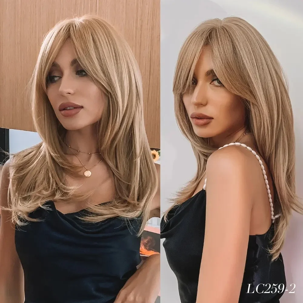 Golden Medium-Length Straight Synthetic Hair Wig with Curled Ends