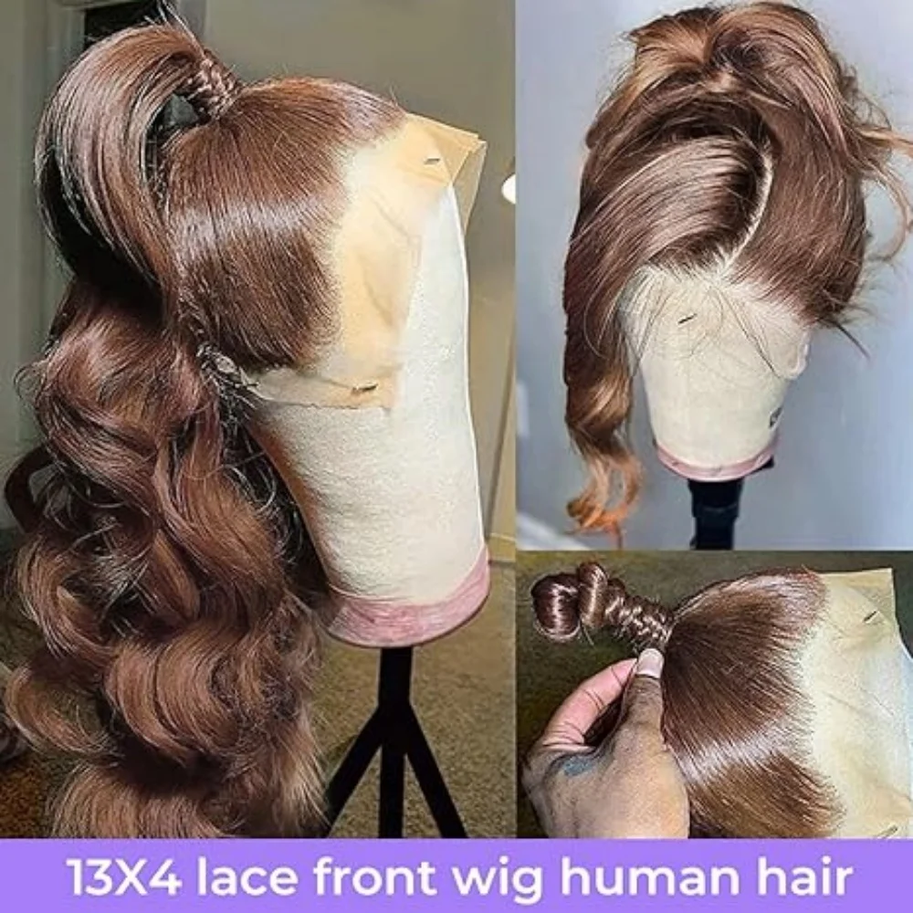Perruques en cheveux humains Body Wave marron chocolat 13x4 HD Lace Front, densité 180, perruques frontales HD Lace pour femmes, cheveux pré-épilés, livraison en 2-7 jours