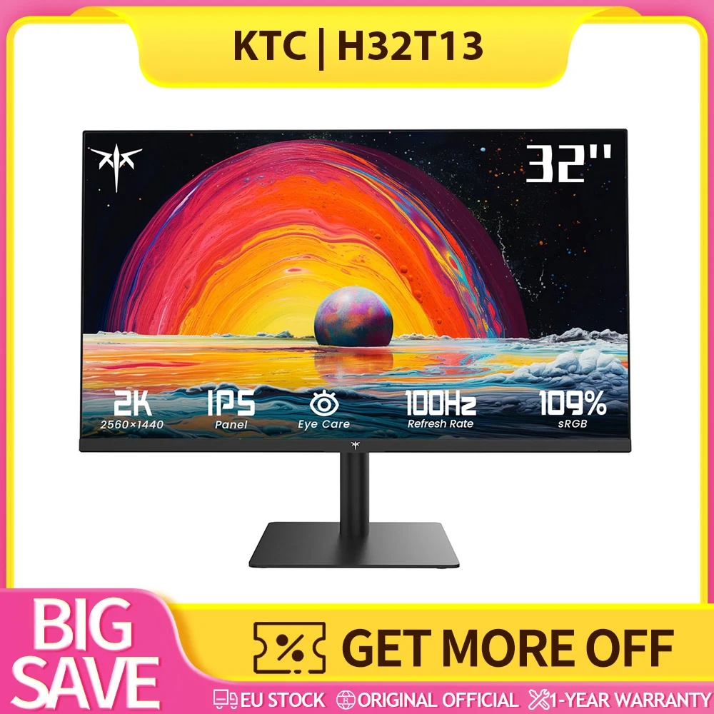 شاشة مكتب الألعاب KTC H32T13 مقاس 32 بوصة، معدل تحديث 100 هرتز، سطوع 350cd/m2، نوع لوحة IPS، نسبة 16:9 دقة 2560 × 1440، إضاءة خلفية ELED، 138 نقطة في البوصة، نسبة متباينة، رؤية مريحة للأشعة الطويلة، اتصال متعدد الاستخدامات